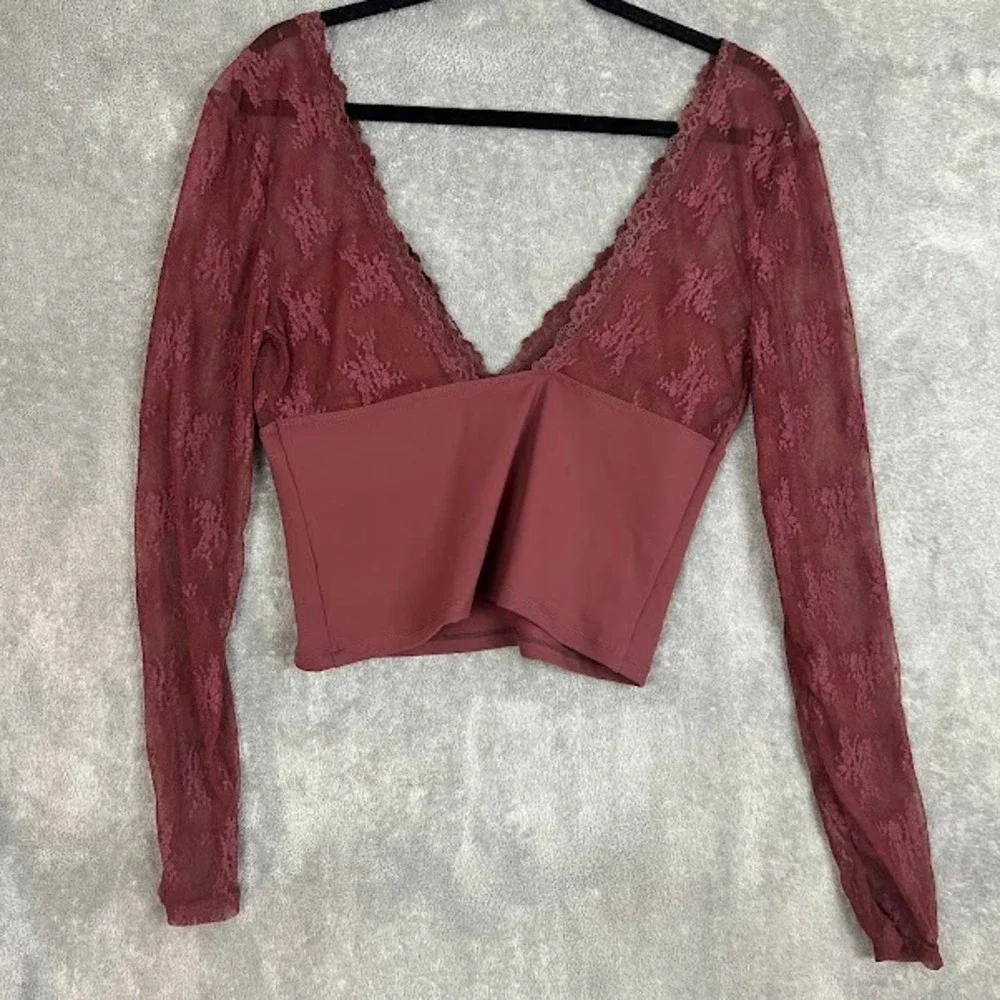 Free People All Day Long Lace Top Womens L Long Sleeve Coquette Boho Romantic
